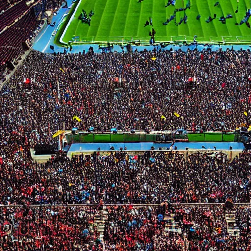 Prompt: rbd band playing on stage in estadio azteca, photograph, widelens, highly detailed, crowded audience, noon, sunlight