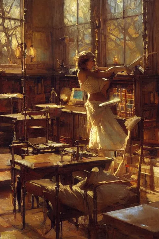 Prompt: library, painting by gaston bussiere, craig mullins, j. c. leyendecker