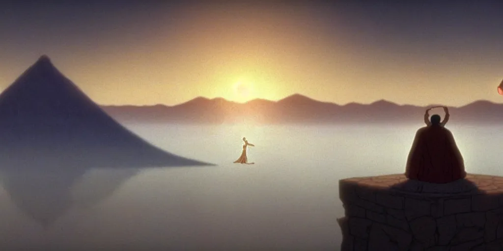 Image similar to a cell - shaded cartoon movie still from princess mononoke ( 1 9 9 7 ) of a middle eastern imam kneeling in prayer. an elegant angel flies above him. in the background is a flooded desert town with shafts of sunlight from above. very dull muted colors, hd, 4 k, hq