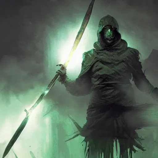 Image similar to a man with a missing an arm holding a spear made of green fire wearing a leather cloak fighting a bad guy made of black smoke, dramatic lighting, cinematic, establishing shot, extremely high detail, photo realistic, cinematic lighting, post processed, concept art, artstation, matte painting, style by eddie mendoza, raphael lacoste, alex ross
