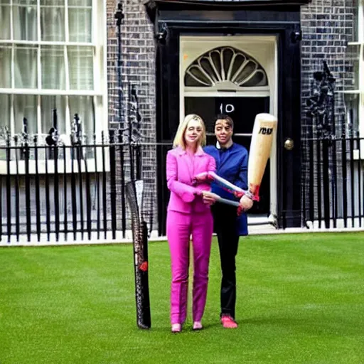 Prompt: rishi sunak holding a chainsaw, liz truss holding a baseball bat at number 1 0 downing street, cartoon style