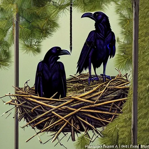 Prompt: A Pair of Ravens in a Nest High Up in a Tall Pine Tree Overlooking a Fenced Medieval War Camp, Realistic