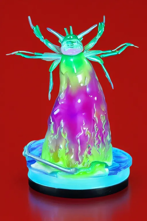 Prompt: a fat jelly super detailed anime figurine with fluo color detail, and muted arm colors, that looks like a insect, on top of a painting of plastic synthetic ionized metal flower sculptures