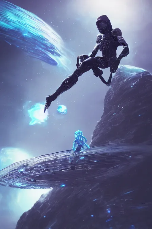 Prompt: ninja cyborg floating in space letting go of reality and experiencing the quantum feild, matte painting comic book art, cinematic, highly detailed, realistic, beautiful cosmic neural network, octane render, unreal engine, depth of field, trending on artstation, sharp focus, philosophical splashes of colors