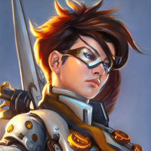 Image similar to tracer from overwatch as a fantasy d&d character, close-up portrait art by Donato Giancola and James Gurney, digital art, trending on artstation