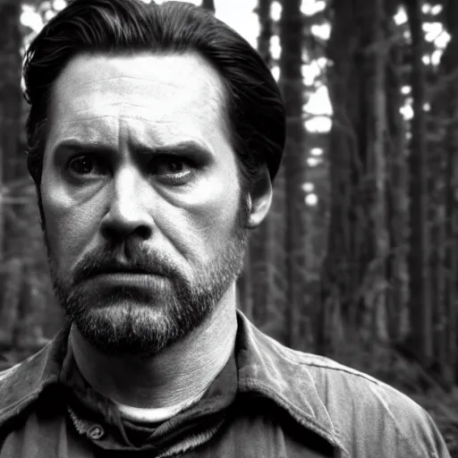 Image similar to a film still of woodsman from twin peaks, black and white, cinematic lighting, high resolution, 4 k
