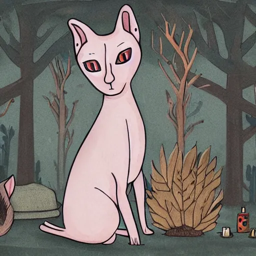 Prompt: a hooded sphynx cat participating in a ritual in a forest, illustration, digital art