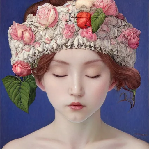 Image similar to white cat girl, botanical, rose, portrait face, colorful, frantisek kupka, intricate, miles johnston, kuroda seiki, cynical realism, ozabu, john william godward, painterly, yoshitaka amano, moebius, miles johnston, louise zhang, james jean, mark ryden lowbrow pop surrealism art style