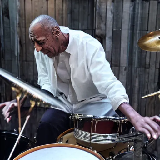 Image similar to Still of a bill cosby playing drums in the bring me to life music video by American rock band Evanescence dslr