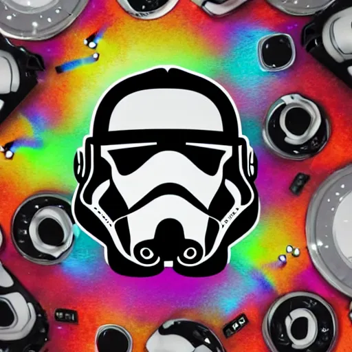 Image similar to svg sticker of a Pop-Wonder Storm-Trooper-Mandolorian-Helmet-Head-Hero-Villain at a rave, spinning records, giant headphones rocking out, wearing headphones, huge speakers, dancing, rave, DJ, spinning records, digital art, amazing composition, rule-of-thirds, award-winning, trending on artstation, featured on deviantart