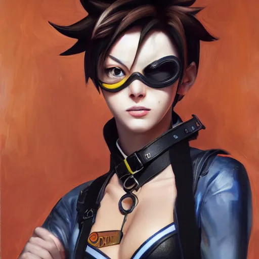 Prompt: oil painting of tracer overwatch in a field wearing very large black leather belt choker collar around neck, in style of mark arian, expressive face, very detailed face, very detailed eyes, belt around neck, full body, feminine face, tracer overwatch,