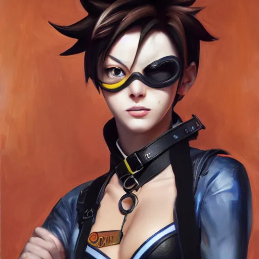 Image similar to oil painting of tracer overwatch in a field wearing very large black leather belt choker collar around neck, in style of mark arian, expressive face, very detailed face, very detailed eyes, belt around neck, full body, feminine face, tracer overwatch,