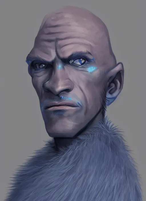 Image similar to portrait of a blue-skinned man wearing a fur coat, illustration, fantasy, Dungeon and Dragon, trending on ArtStation