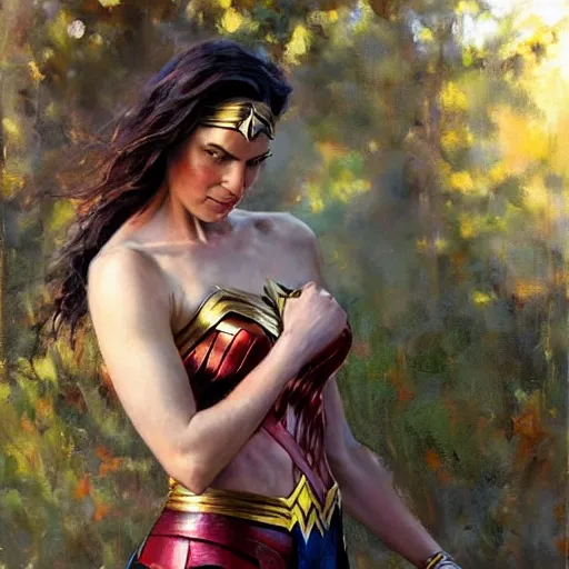 Image similar to portrait of Wonder Woman in the morning sun, Danile Gerhartz, oil painting