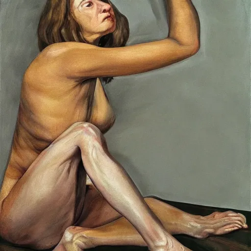 Image similar to high quality high detail painting by lucian freud, hd, woman posed, confined inside of an isosceles triangle, form, curves