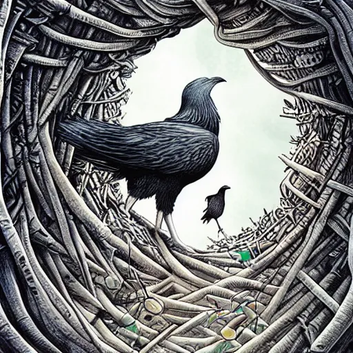 Image similar to white crow bringing rabbit leg to a witch by Android Jones and M. C. Escher collaboration, futurist, digital art, dramatic lighting