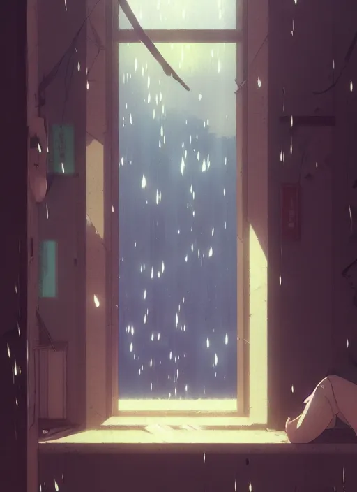 Image similar to interior, near the window, rainy outside, illustration concept art anime key visual trending pixiv fanbox by wlop and greg rutkowski and makoto shinkai and studio ghibli