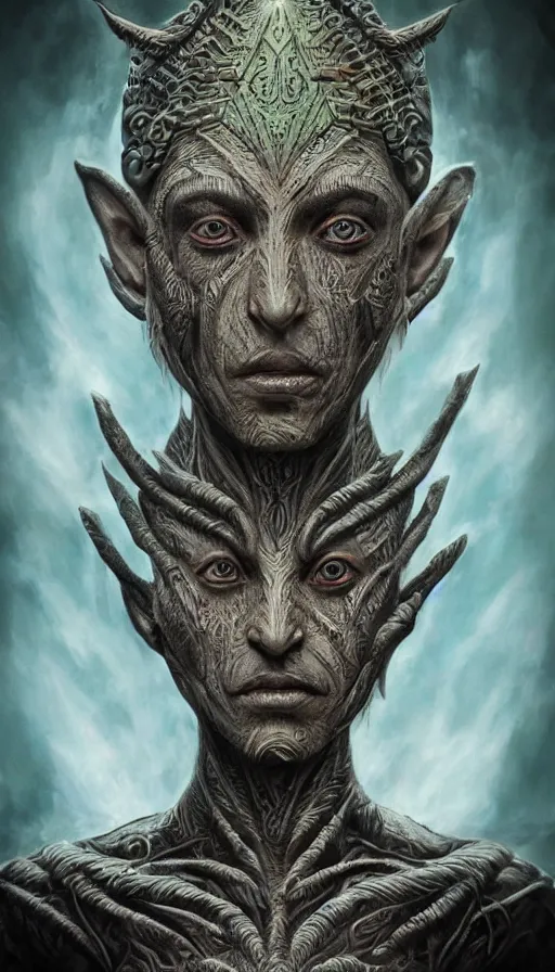 Image similar to immortal alien emperor hybrid aztec fantasy beautiful angellic symmetrical elven face mask tattoo pattern concept, teonanacatl glyph, intricate artwork by, Johnatan Wayshak, Zdizslaw Beksinski, face by Artgerm, H.R. Giger, very coherent artwork, cinematic, hyper realism, high detail, octane render, unreal engine, 8k, High contrast, higly detailed black ink outline, crosshatch sketch gradient