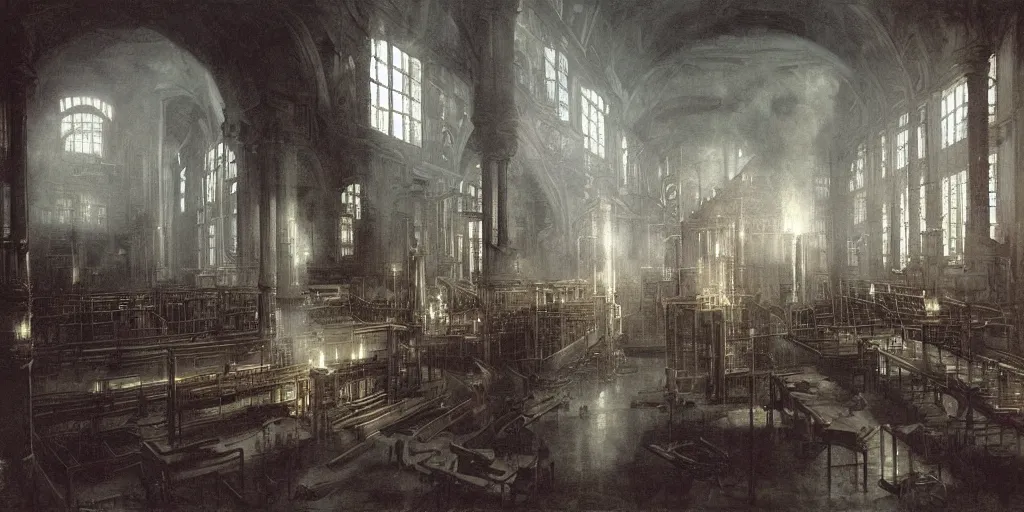 Image similar to interior, pipe organ factory, fantasy, 19th century, ghostly smoke, highly detailed, Artstation, oil on canvas painting by caravaggio and alan lee and john howe