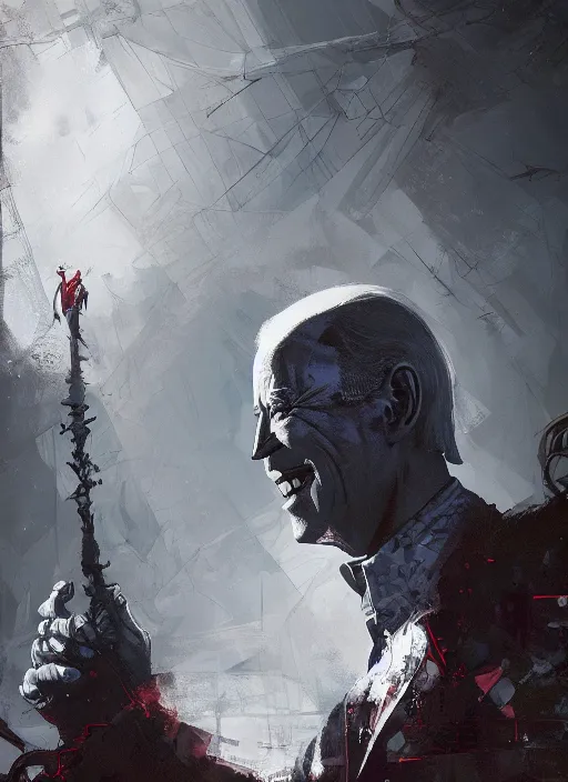 Image similar to Joe Biden grinning emperor of the world, high contrast, cosmic horror, abstract, masterpiece, trending on ArtStation, by Greg Rutkovski and by Craig Mullins and by David Cronenberg and by Ismail Inceoglu, very detailed, lovecraftian, dark, evil