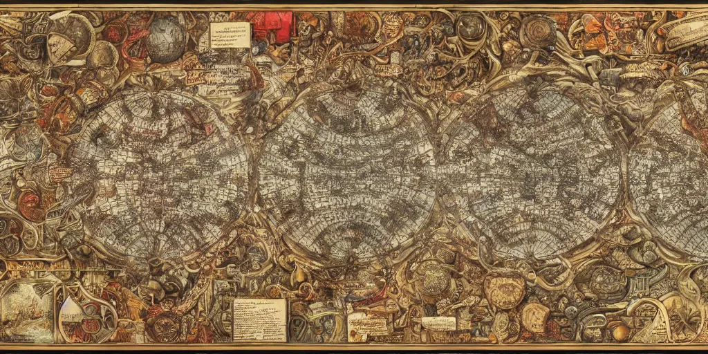 Prompt: highly detailed labeled atlas map poster of a synthetic kingdom, well - lit, ray tracing, detailed, paper drawing, fractal structure, golden, silver and crimson ink, factories and nature, intricate details