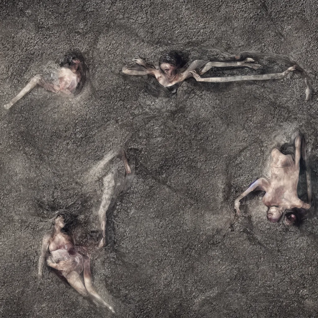 Prompt: overhead view of iridiscent oil slick with a woman's corpse connected by a transparent pipe to a baby buried, faded, depth of field, ultra realistic, very detailed, glitch, by nadav kander, 8 k hyper realistic detailed cinematic