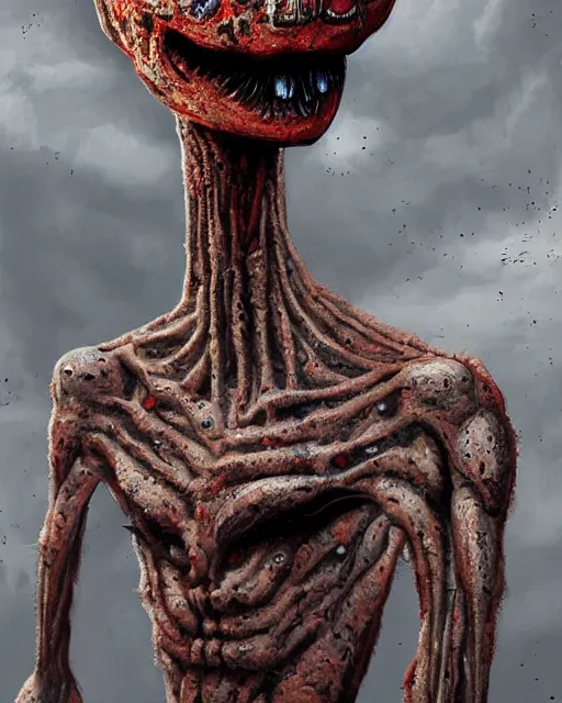 Image similar to Haunting horrifying hyperrealistic detailed painting of a tall slim spider extraterrestrial creature made of concrete stone brick, covered in, heavy metal, disgusting, creepy, unsettling, and bloodshot eyeballs, hyper detailed, trending on Artstation