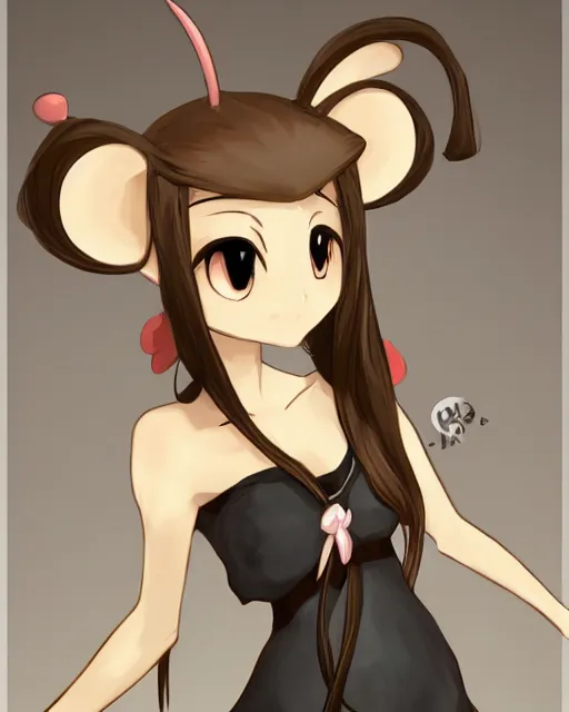 Image similar to A cute wakfu-style frontal painting of a very very beautiful anime skinny mousegirl with long wavy brown colored hair and small mouse ears on top of her head wearing a cute black dress and black shoes looking at the viewer, elegant, delicate, feminine, soft lines, higly detailed, smooth , pixiv art, ArtStation, artgem, art by alphonse mucha Gil Elvgren and Greg rutkowski, high quality, digital illustration, concept art, very long shot