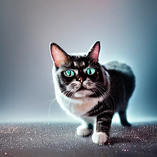 Image similar to a photo of a cat in a cloud of glitter, mica, calcium sodium borosilicate, f 1. 4