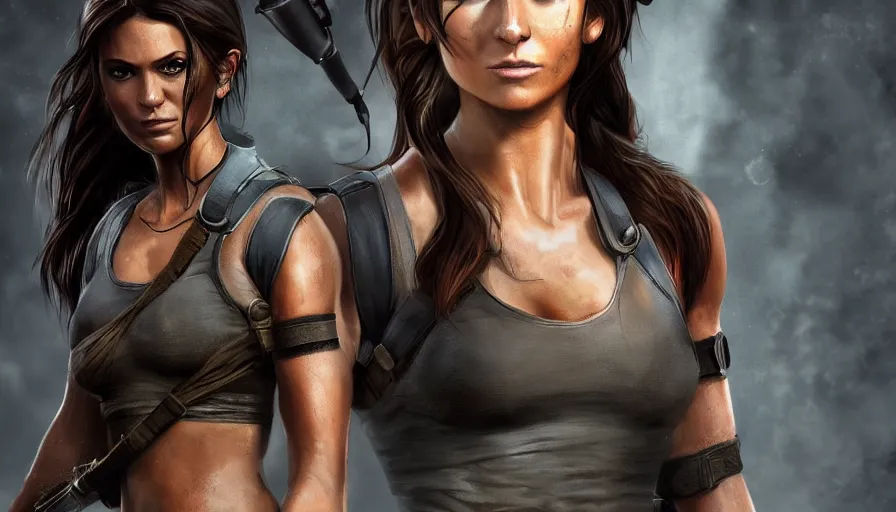 Image similar to nina dobrev is lara croft from tomb raider, various artists, grey background, movie, hyperdetailed, artstation, cgsociety, 8 k