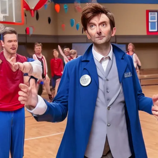 Image similar to promotional image of David Tennant as Doctor Who at a polka dancing contest at the YMCA basketball gym, everyone in the background all his enemies are clapping, in the background the Tardis door is wide open, movie still, promotional image, imax 70 mm footage, HDR, cinematic