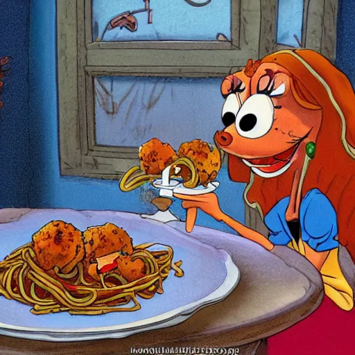 Prompt: an octopus and a pirate squid share a romantic plate of spaghetti and meatballs, in the style of Disney's Lady and the Tramp, cartoon,