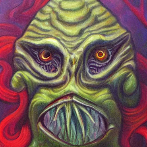 Image similar to fish person portrait, deep one, love craftian, innsmouth, painting, Eerie