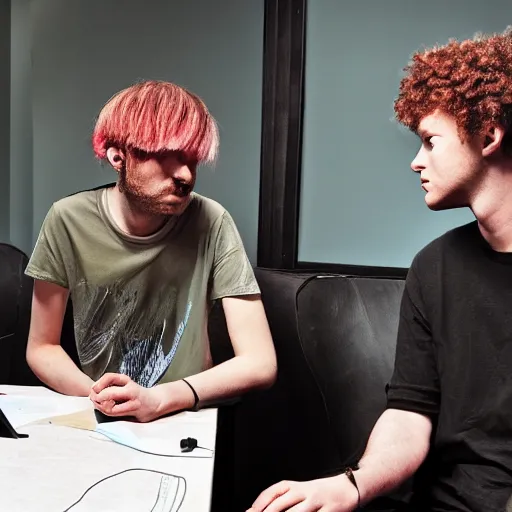 Image similar to geordie greep fro mthe band black midi having a business meeting with mario, hyperrealistic