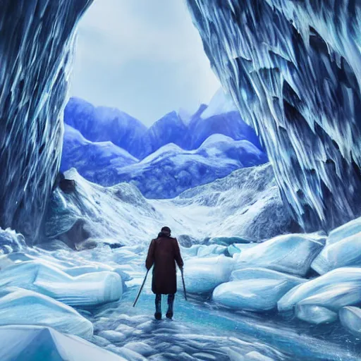 Image similar to A majestic ice cave a river and mountains. A small group of birds is flying in the sky. Harsh winter. very windy. There is a man walking in a deep snow.Camera is positioned behind the man. Cinematic, very beautiful, painting in the style of Lord of the rings