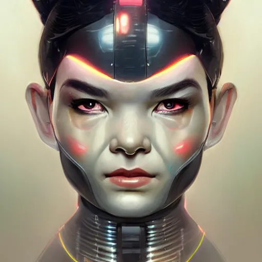 Image similar to cyborg bjork, portrait, highly detailed, digital painting, trending on artstation, concept art, sharp focus, illustration, art by artgerm and greg rutkowski and magali villeneuv