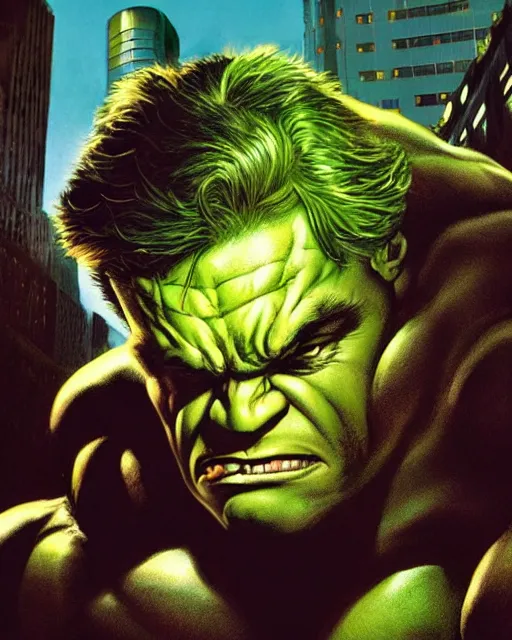 Image similar to a portrait of the incredible hulk looking angry in new york city by alex ross dramatic lighting.