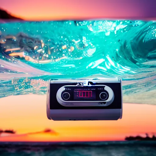 Image similar to 4 k sony a 7 wide angle photo stainless steel shiny reflective boombox speaker half submerged in water with a wave rolling over it in hawaii at dusk with neon lighting