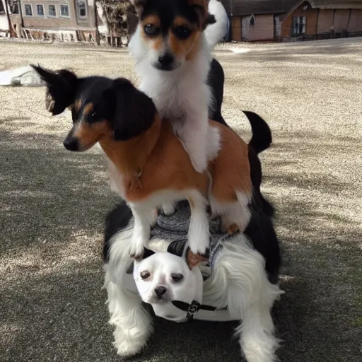 Image similar to a small dog on top of a medium sized dog on top of a big dog.