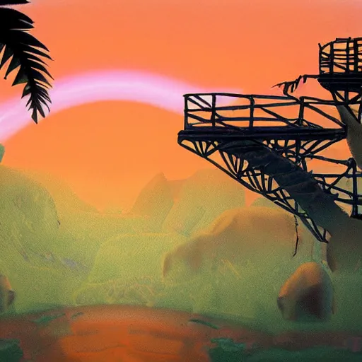 Prompt: photo of a sunset inside the first level of donkey kong country ( 1 9 9 4 ), soft focus, long exposure