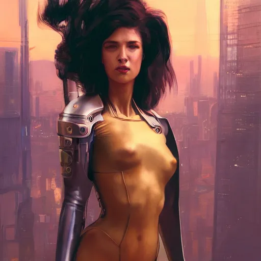 Image similar to cyberpunk woman | powerful | hyperrealistic | lush background | sci fi environment | action pose | digital painting | trending on artstation | pinup portrait | clean | illustration | dressed | unreal engine 5 | 8 k resolution | by greg rutkowski, j. w. waterhouse, alphonse mucha, olivia de berardinis, gustav klimt and mel ramos