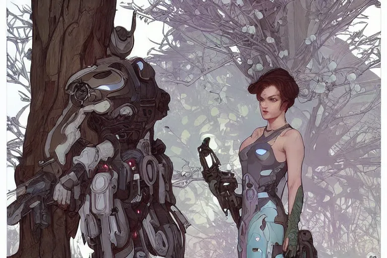 Image similar to comic book illustration, android soldier stands next to the last living tree that has white blossoms and dark wood, cyberpunk concept art by artgerm and Alphonse Mucha and Moebius, highly detailed, intricate, sci-fi, sharp focus, Trending on Artstation HQ, deviantart