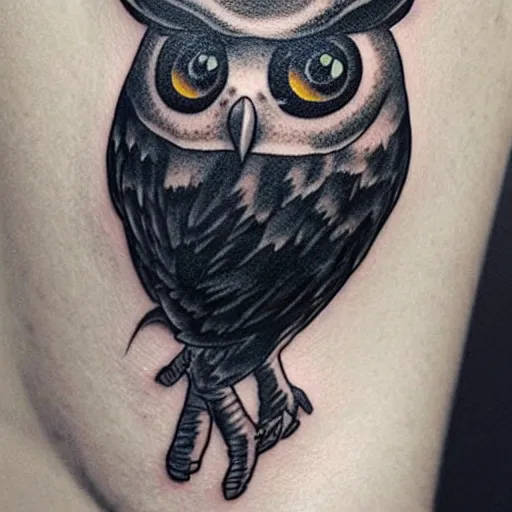 Prompt: A black tattoo of Blathers the owl from Animal Crossing