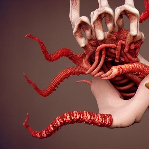 Prompt: 3d render of a hand with worms crawling inside of it horror, scary, done by Dreamworks animation.