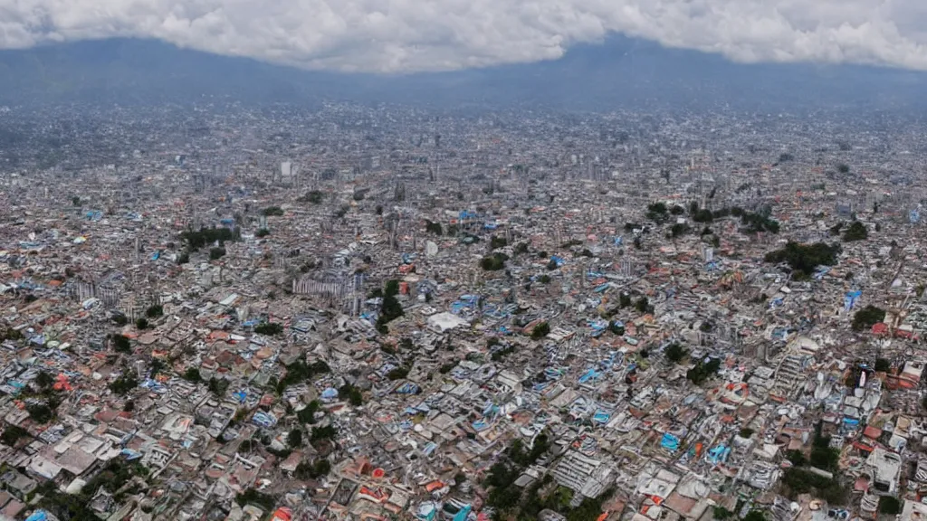 Image similar to remarkable airplane view of a cyberpunk mayan city in guatemala and it is graced by a huge sacred futuristic cyberpunk temple