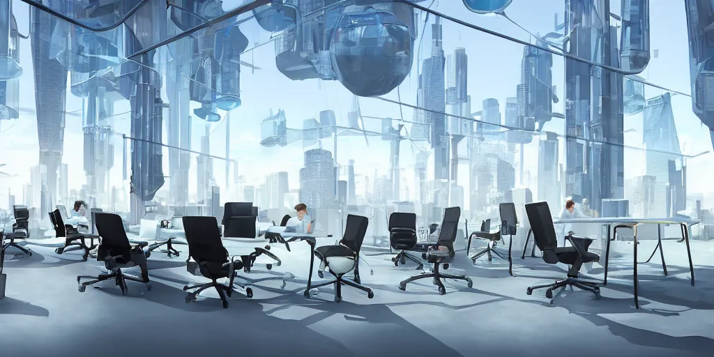 Image similar to a solarpunk office with levitating chairs, windows of a futuristic city in the background hyper - realistic digital art