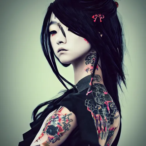 Image similar to japanese gothic model with maximalist hair style and kanji tattoos, dark colors, fashion model, portrait shot, depth of field, 8 k, hyper detailed, intricate, trending on artstation