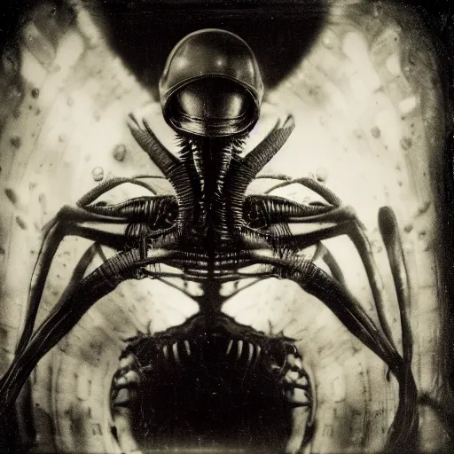 Prompt: alien inside a spaceship interior, hyper realistic, hight detail, sharp focus, wide angle, moody lighting, tintype, black and white photo by Joel Peter Witkin