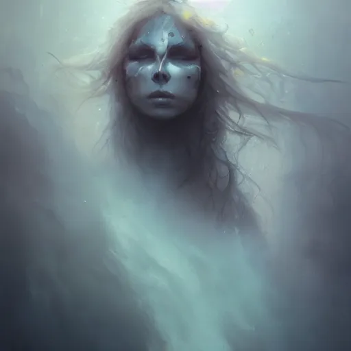 Image similar to epic portrait an woman with a skull face, wet flowing hair, sweaty skin, broad light, ambient occlusion, volumetric light effect, made by ivan aivazovsky, peter mohrbacher, greg rutkowski, matte painting, trending on artstation, 4 k, perfectly defined features, digital painting,