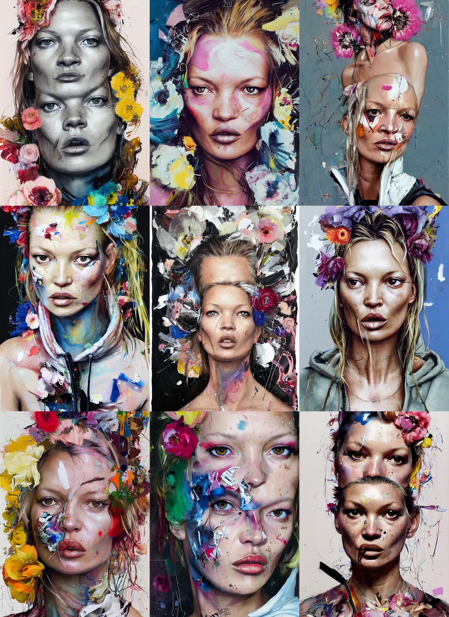 Prompt: 2 5 year old kate moss in the style of martine johanna and! jenny saville!, wearing a hoodie, standing in a township street, street fashion outfit, haute couture fashion shoot, mascara, full figure painting by john berkey, david choe, ismail inceoglu, decorative flowers, 2 4 mm, die antwoord yolandi visser